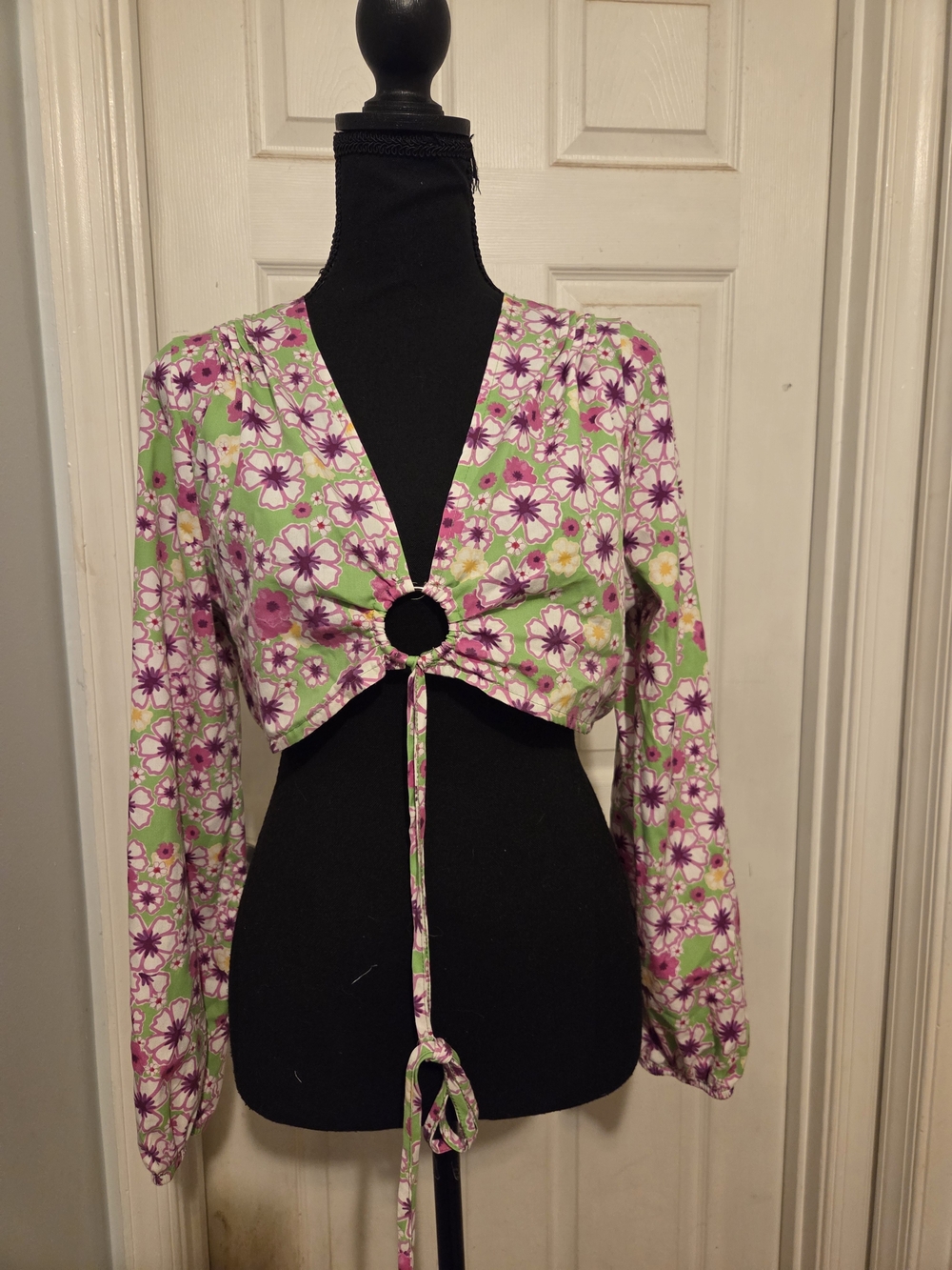 Floral Tie-Front Crop Top in Green and Pink